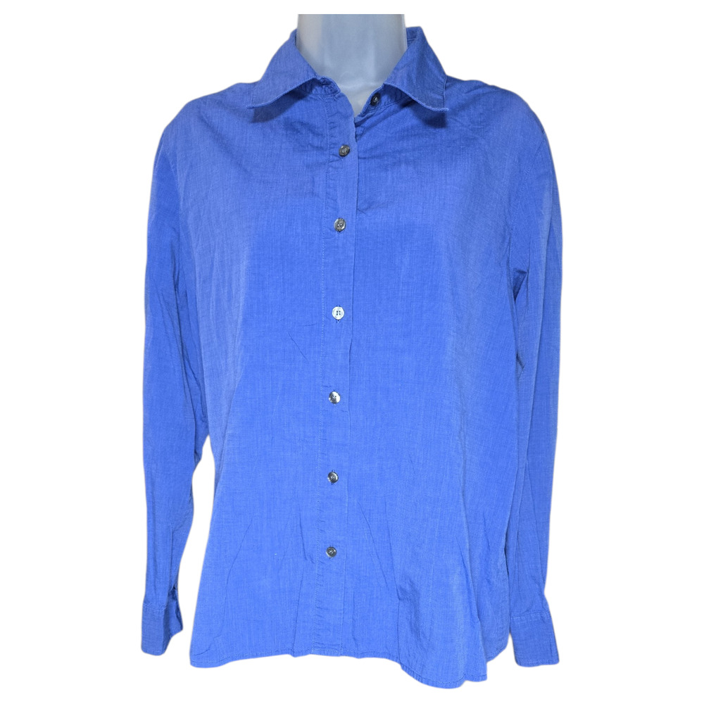 Vtg Casual Corner Wom 12 Blue 100% Cotton Long Sleeve Blouse Classic Office 90's